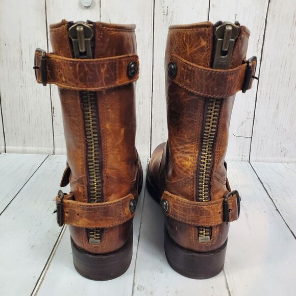 Frye 'Veronica' Back Zip Moto Boot Brown Women's Size 7B Leather Distressed GUC - Picture 10 of 16